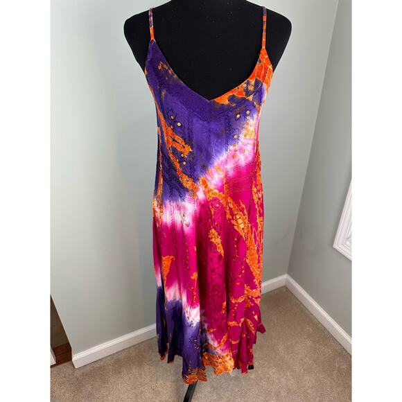 NWT RAGA Tie Dye Embroidered Jacquard Eyelet Ruffle Midi Dress- SML - Picture 1 of 9